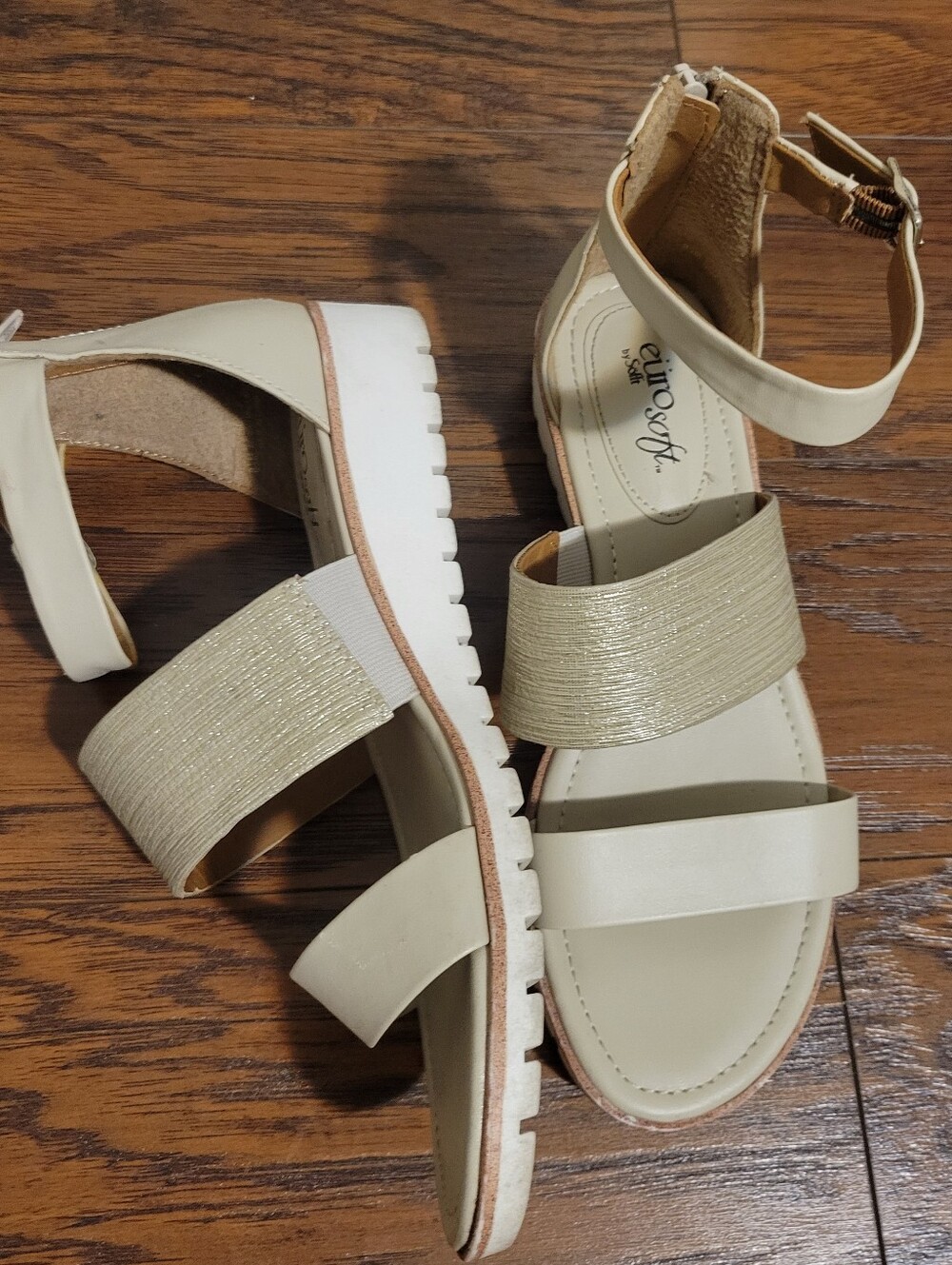 Eurosoft Women's Cream Ankle-Strap Sandals with Textured Metallic Mid Strap